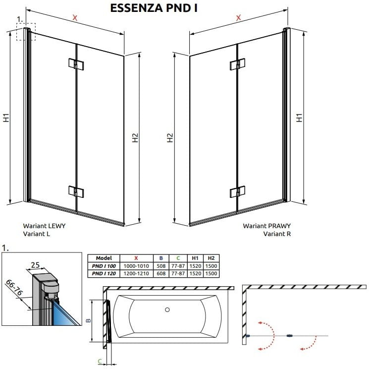 Parawan nawannowy Radaway Essenza PND I 100x152 lewy przejrzysty