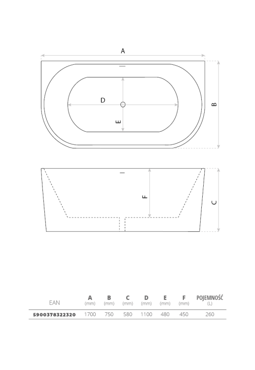 Wanna wolnostojąca przyścienna Caldera 170x75 Lavita biała