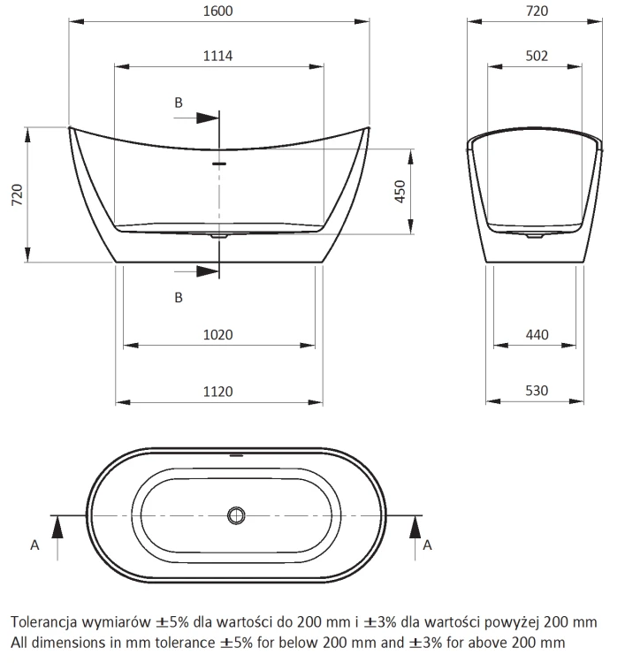 Wanna akrylowa wolnostojąca owalna 160x72 Arnika Deante