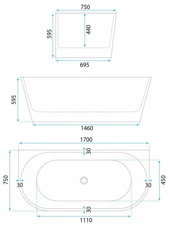 Wanna akrylowa przyścienna Capri 170x75 cm REA