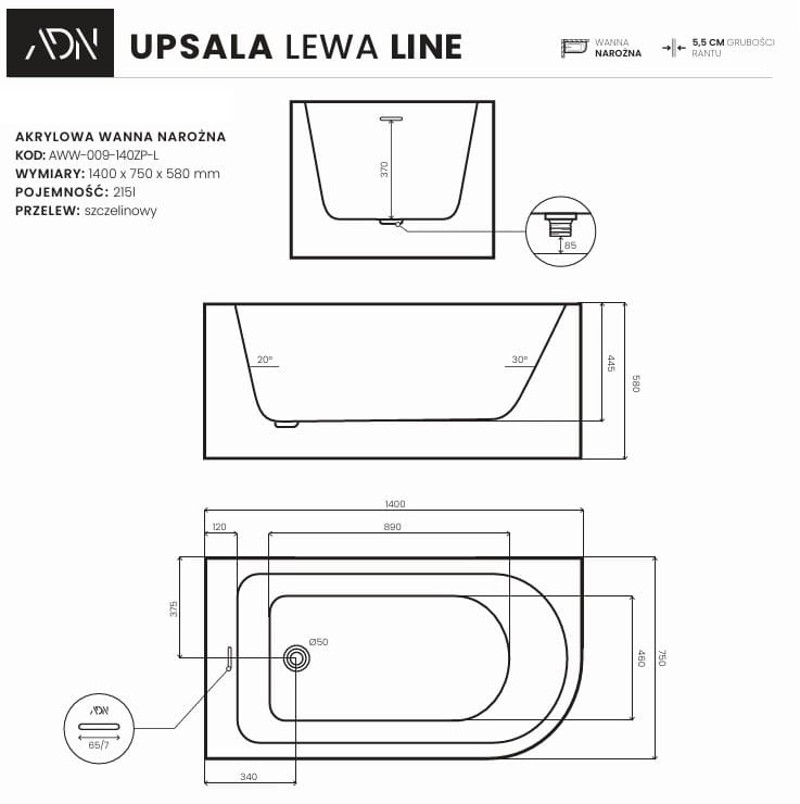 Wanna narożna UPSALA LINE lewa 140x75 AD NATURALNIE