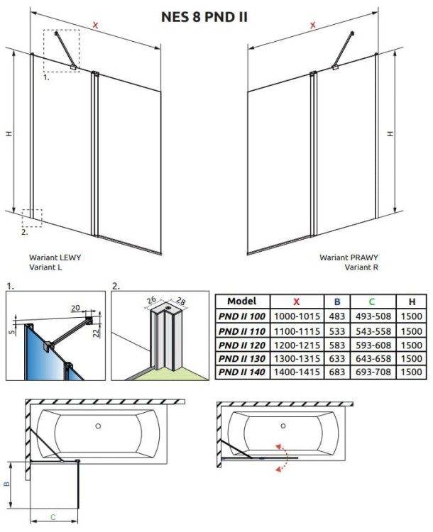 Parawan nawannowy Radaway Nes 8 PND II prawy chrom