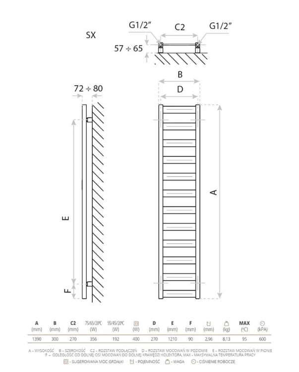 Grzejnik łazienkowy Hermes White 1390 Lavita