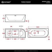 Wanna narożna intero v230llwh 160 cm montaż lewostronny przelew szczelinowy korek klik klak biały