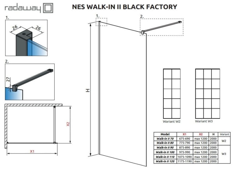 Kabina prysznicowa Radaway Nes Black Walk-in II Factory 70x200
