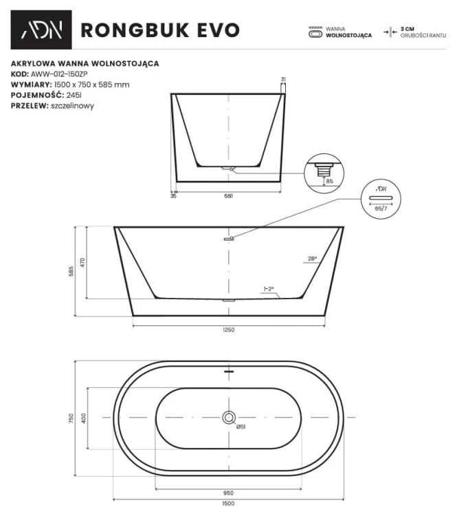 Wanna wolnostojąca Rongbuk Evo 150x75 biała AD NATURALNIE
