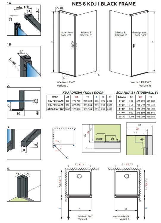 Kabina Radaway Nes 8 Black KDJ I Frame 90x90x200 lewa