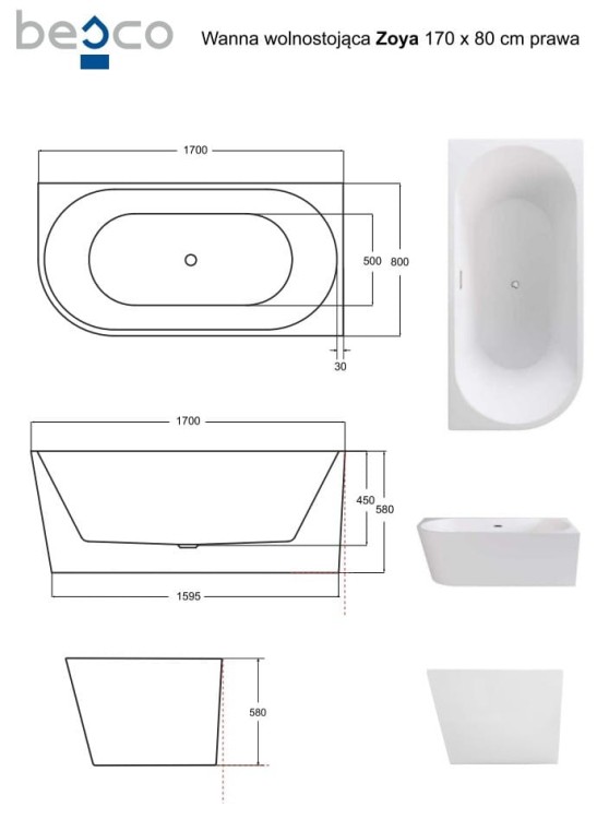 Wanna wolnostojąca Zoya Besco 170x80 prawa biała maskownice białe