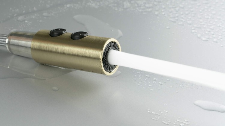 Bateria kuchenna z wyciąganą wylewką Olfato Deante złoto szczotkowane