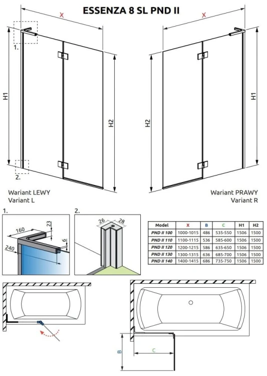 Parawan nawannowy Radaway Essenza 8 SL Brushed Nickel PND II lewy
