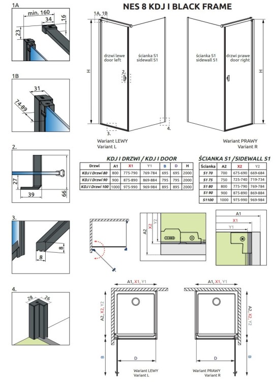 Kabina Radaway Nes 8 Black KDJ I Frame 80x90x200 prawa