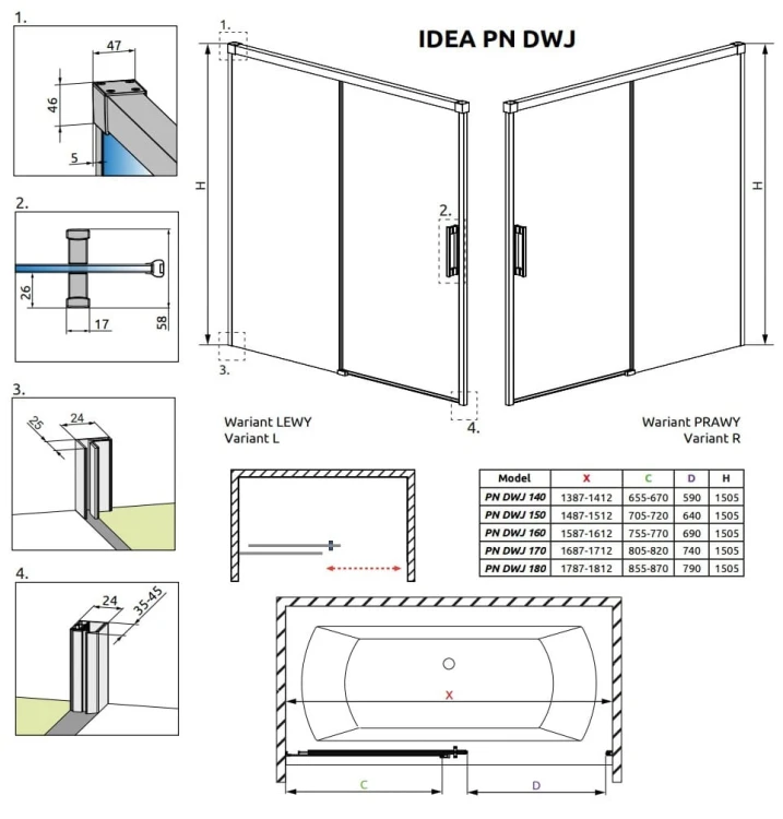 Zabudowa nawannowa Radaway Idea PN DWJ 160x150,5 lewa przejrzysta