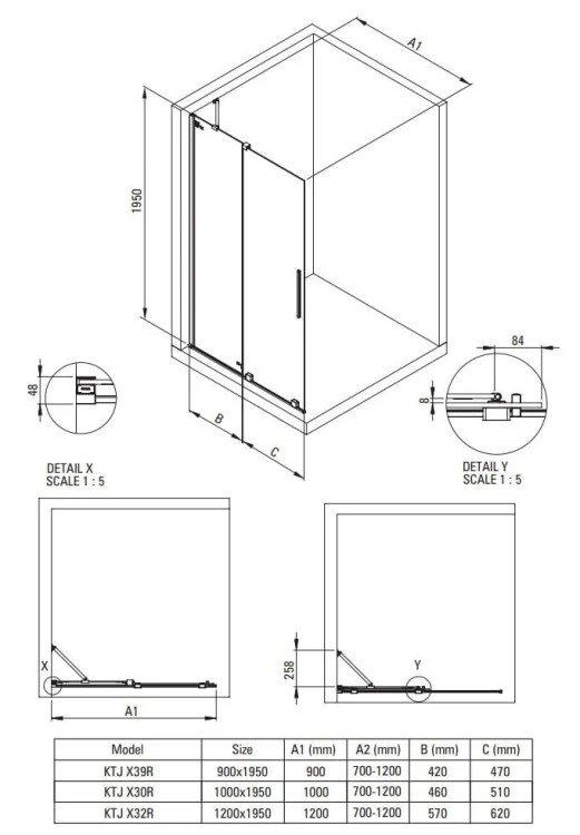 Ścianka prysznicowa walk-in 120x195 złota Prizma Deante