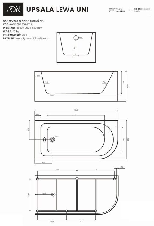 Wanna narożna UPSALA UNI lewa 160x75 AD NATURALNIE