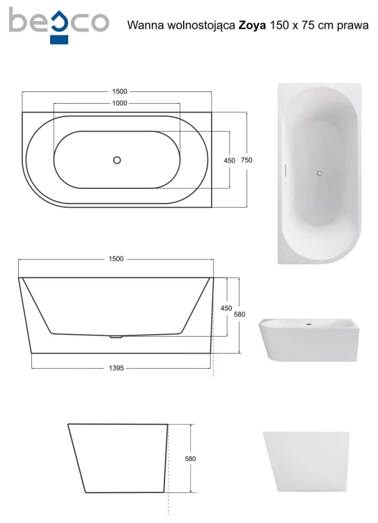 Wanna wolnostojąca Zoya Besco 150x75 prawa biała maskownice grafitowe