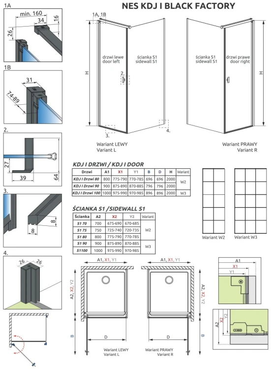 Kabina Radaway Nes Black KDJ I Factory 90x90x200 lewa