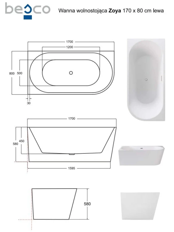 Wanna wolnostojąca Zoya Besco 170x80 biała lewa + syfon chrom