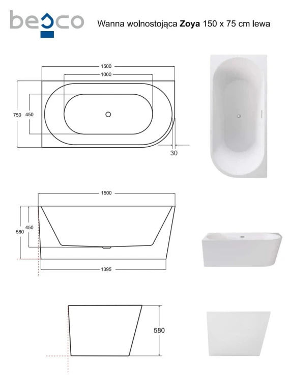 Wanna wolnostojąca Zoya Besco 150x75 biała lewa + syfon chrom