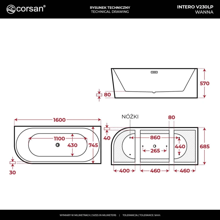 Wanna narożna intero v230lpwh 160 cm montaż prawostronny przelew szczelinowy korek klik klak biały