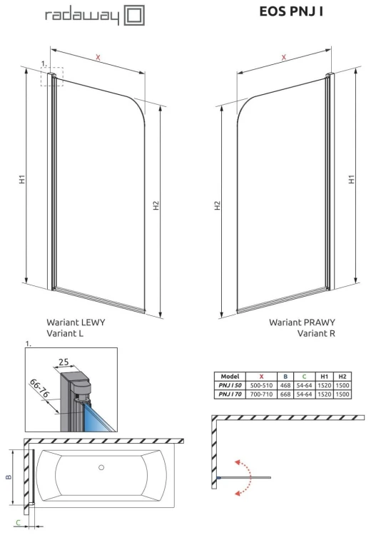 Parawan nawannowy RADAWAY Eos PNJ I 70x152 prawy, szkło przejrzyste