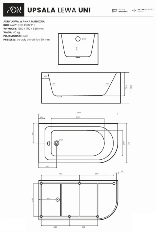 Wanna narożna UPSALA UNI lewa 150x75 AD NATURALNIE