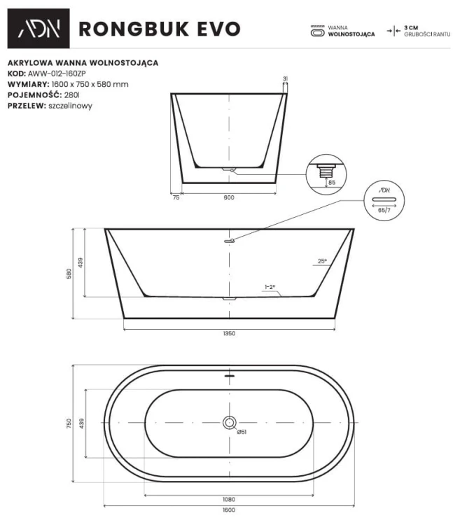 Wanna wolnostojąca Rongbuk Evo 160x75 biała AD NATURALNIE