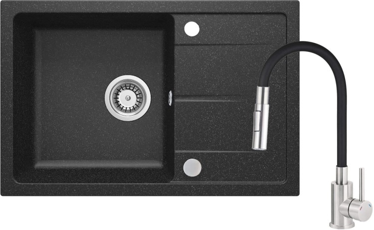 Zlewozmywak granitowy grafitowy z baterią z giętą wylewką Leda Deante