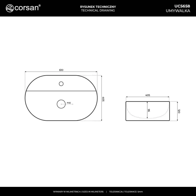 Umywalka nablatowa olvena uc5658gl 600x400x120mm otwór na baterię złoty korek
