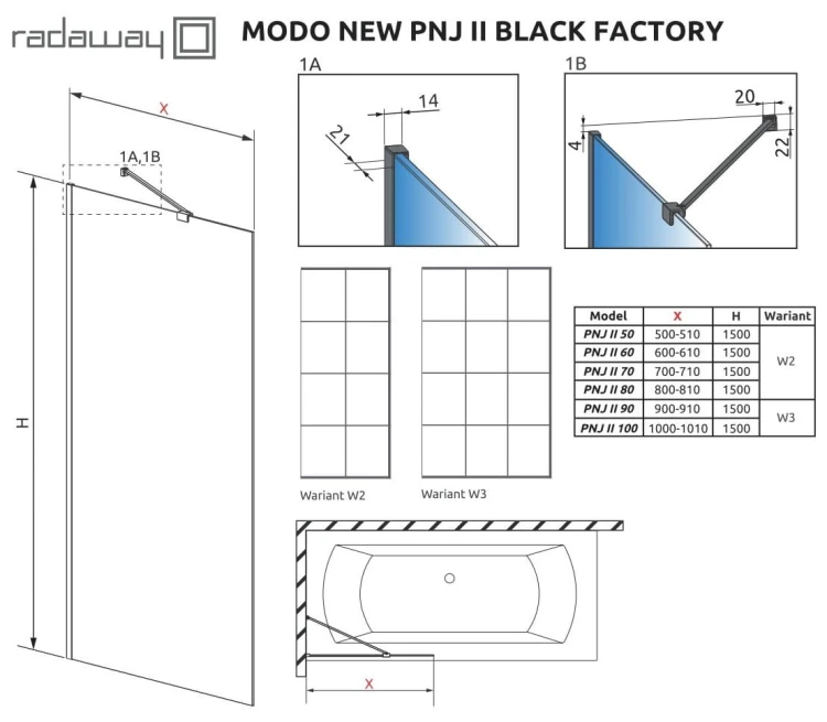Parawan nawannowy Radaway Modo New Black PNJ Factory 50x150