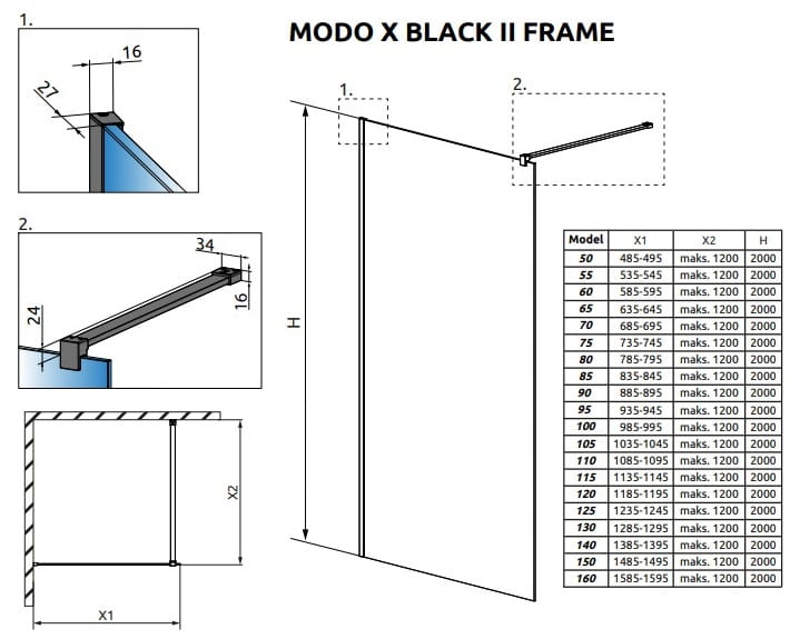 Kabina Radaway Modo X Black II Frame 150x200