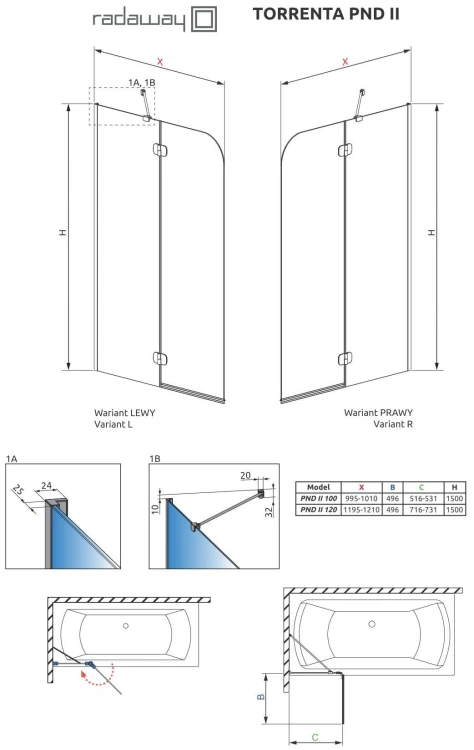 Parawan nawannowy Radaway Torrenta PND II 100x150 lewy, szkło przejrzyste