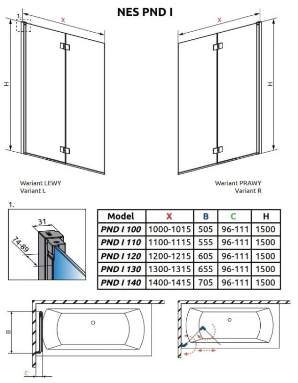 Parawan nawannowy Radaway Nes Black PND I lewy