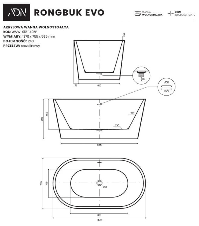 Wanna wolnostojąca Rongbuk Evo 137x75,5 biała AD NATURALNIE