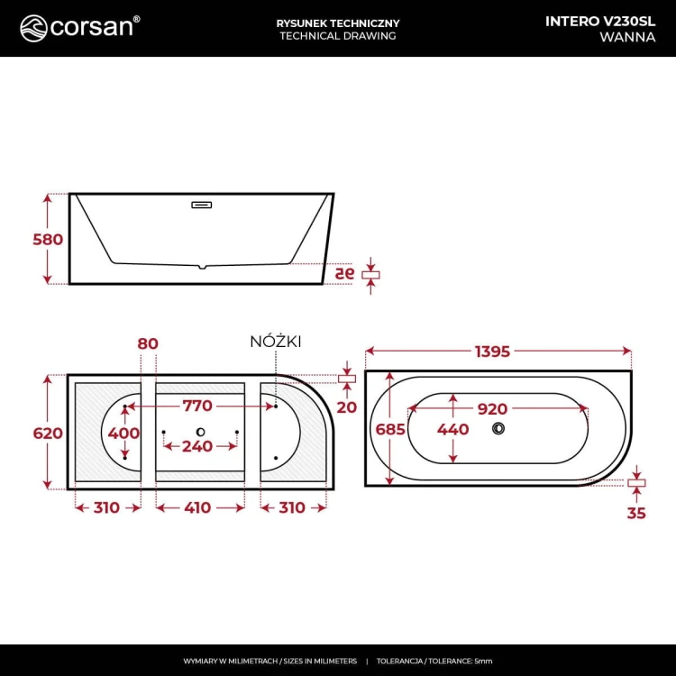 Wanna narożna intero v230slch 140 cm montaż lewostronny przelew szczelinowy korek klik klak chrom