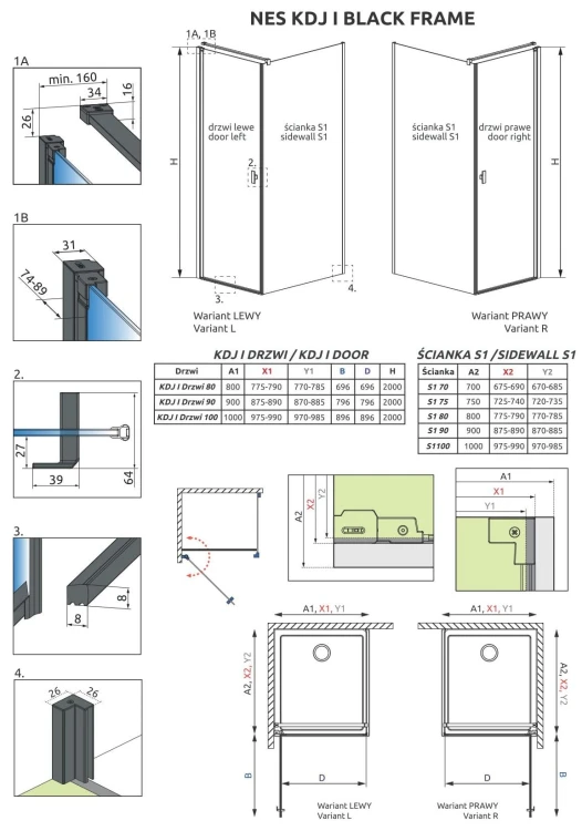 Kabina Radaway Nes Black KDJ I Frame 80x80x200 lewa