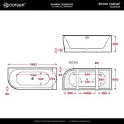 Wanna narożna intero v230lpbl 160 cm montaż prawostronny przelew szczelinowy korek klik klak czarny