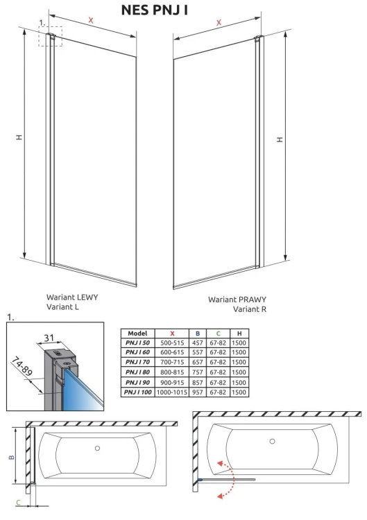 Parawan nawannowy Radaway Nes PNJ I 50x150 lewy, szkło przejrzyste
