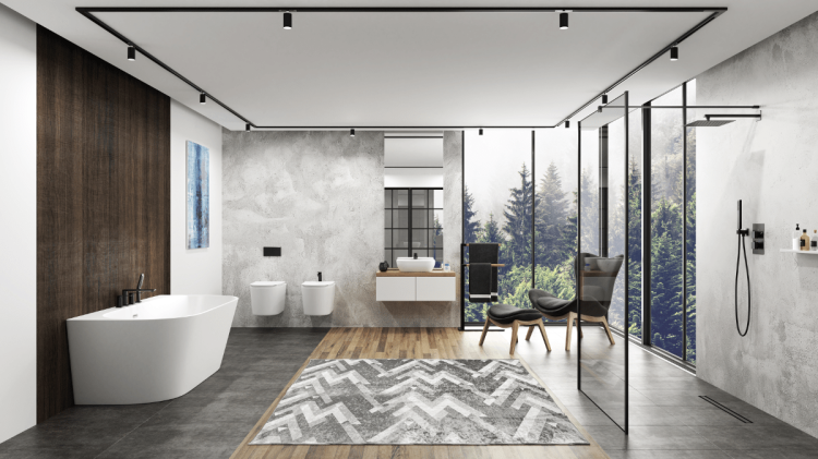 Wanna przyścienna wolnostojąca corsan e030 mono 150 cm z szeroką krawędzią i wykończeniem złotym