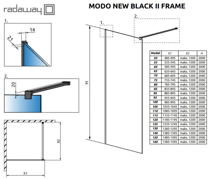 Kabina Radaway Modo New Black II Frame 60x200 szkło przejrzyste