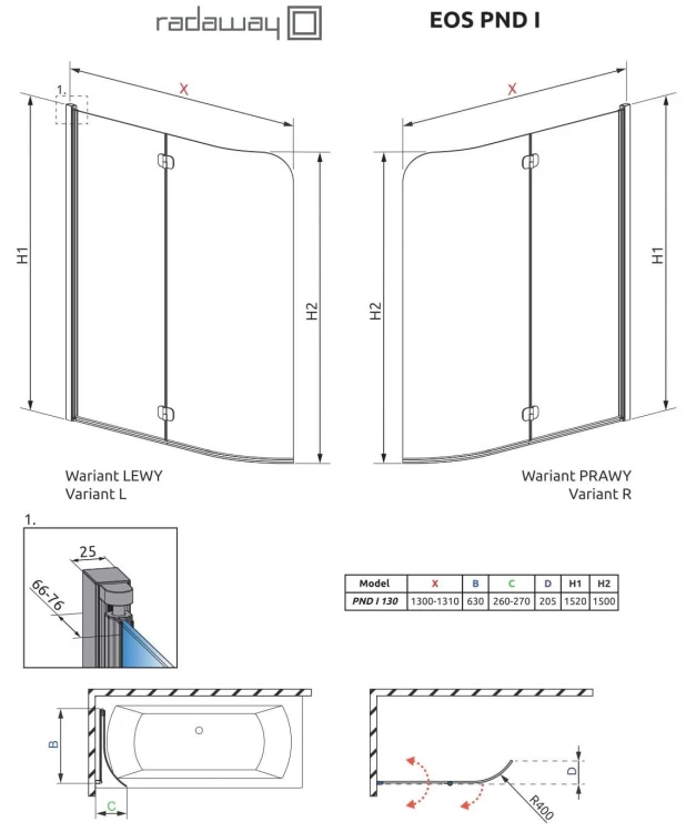 Parawan nawannowy RADAWAY Eos PND I 130x152 lewy, szkło przejrzyste