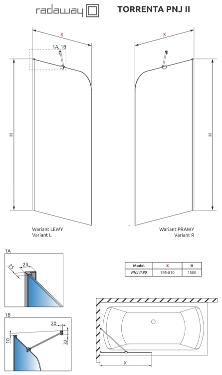 Parawan nawannowy Radaway Torrenta PNJ II 80x150 prawy, szkło przejrzyste