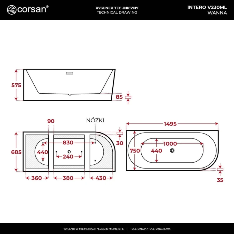 Wanna narożna intero v230mlwh 150 cm montaż lewostronny przelew szczelinowy korek klik klak biały