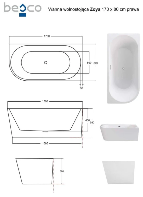 Wanna wolnostojąca Zoya Besco 170x80 prawa biała maskownice grafitowe