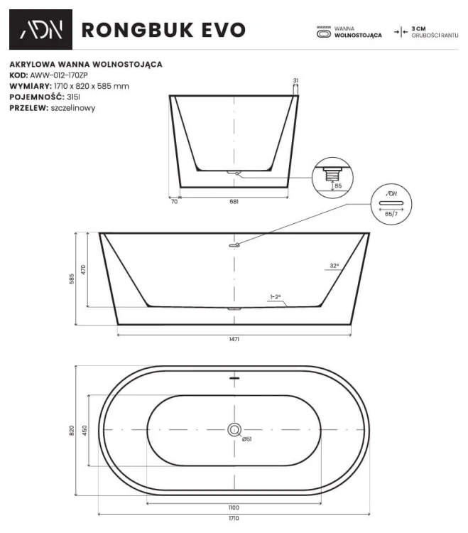 Wanna wolnostojąca Rongbuk Evo 171x82 biała AD NATURALNIE