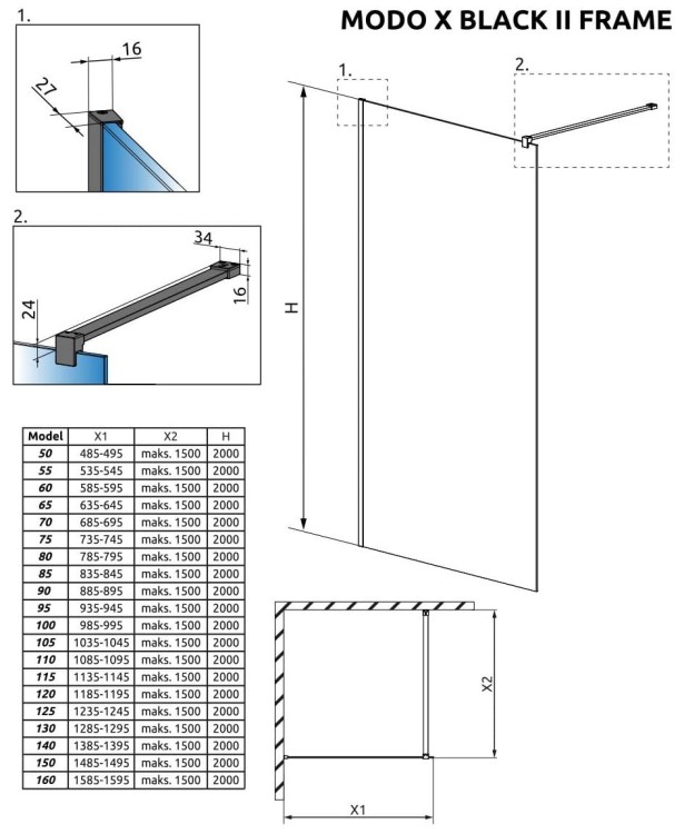 Kabina Radaway Modo X Black II Frame 70x200