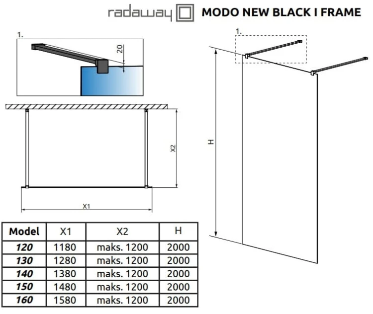 Kabina prysznicowa Radaway Modo New Black I Frame 160x200