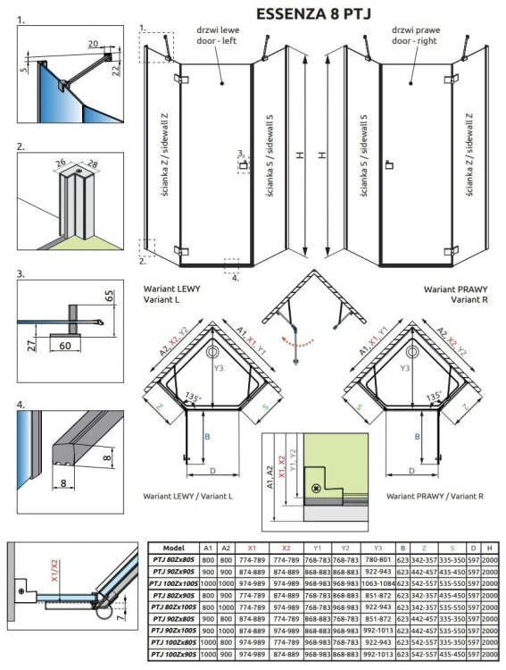 Kabina pięciokątna Radaway Essenza 8 Brushed Nickel PTJ lewa
