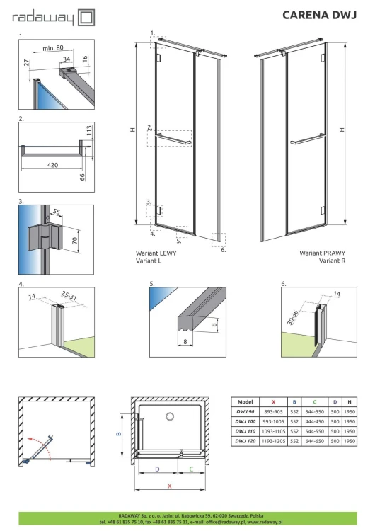 Drzwi prysznicowe Radaway Carena DWJ 120x195 lewe