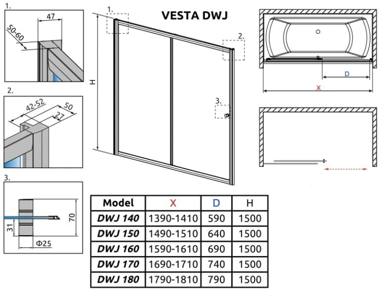 Zabudowa nawannowa Radaway Vesta DWJ 170x150 szkło przejrzyste