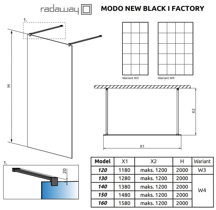 Kabina prysznicowa Radaway Modo New Black I Factory 160x200
